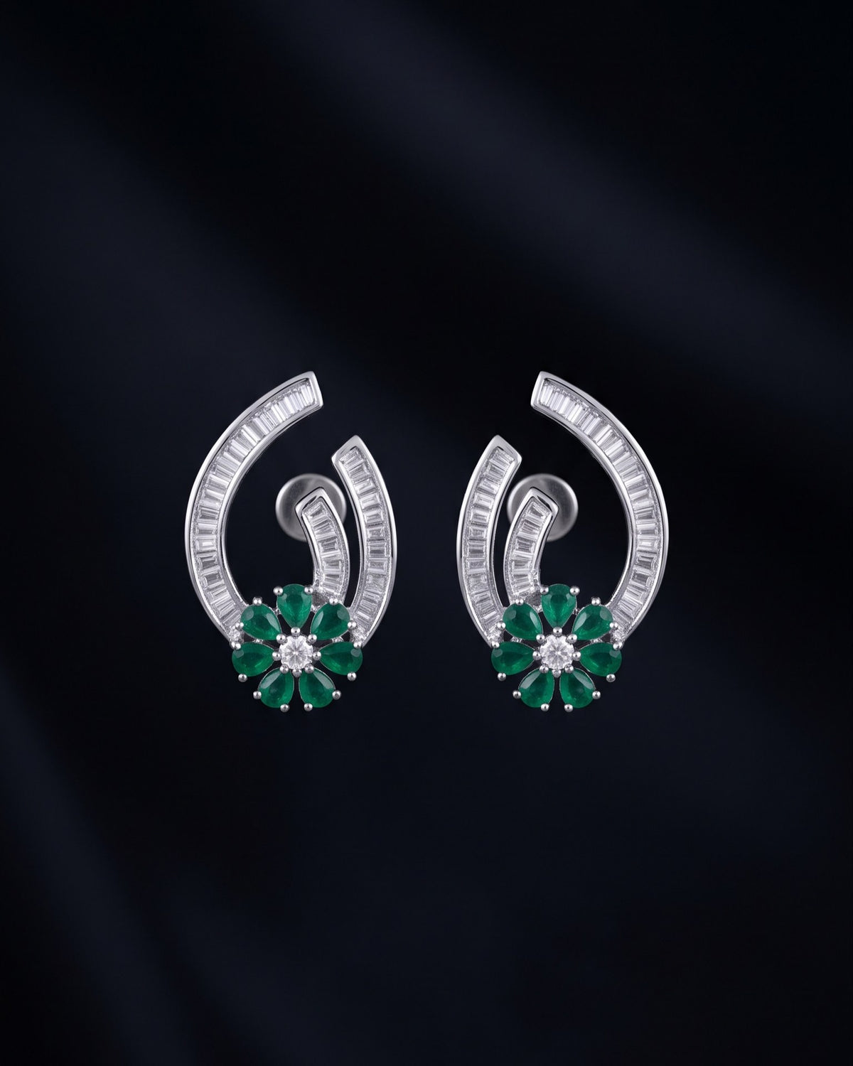 Bloom Emerald Silver - American diamond earrings