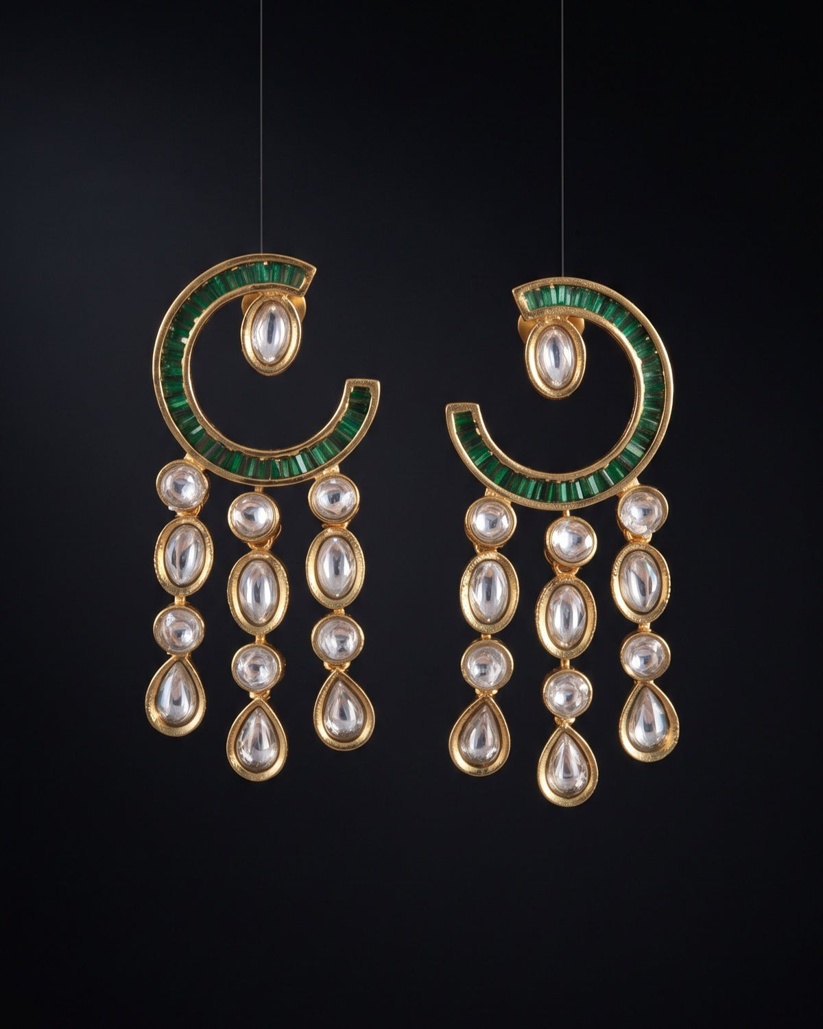 Crescent Cascade Emerald Gold - American diamond earrings