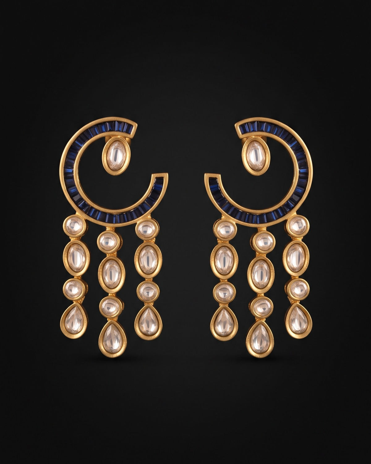 Crescent Cascade Sapphire Gold - American diamond earrings