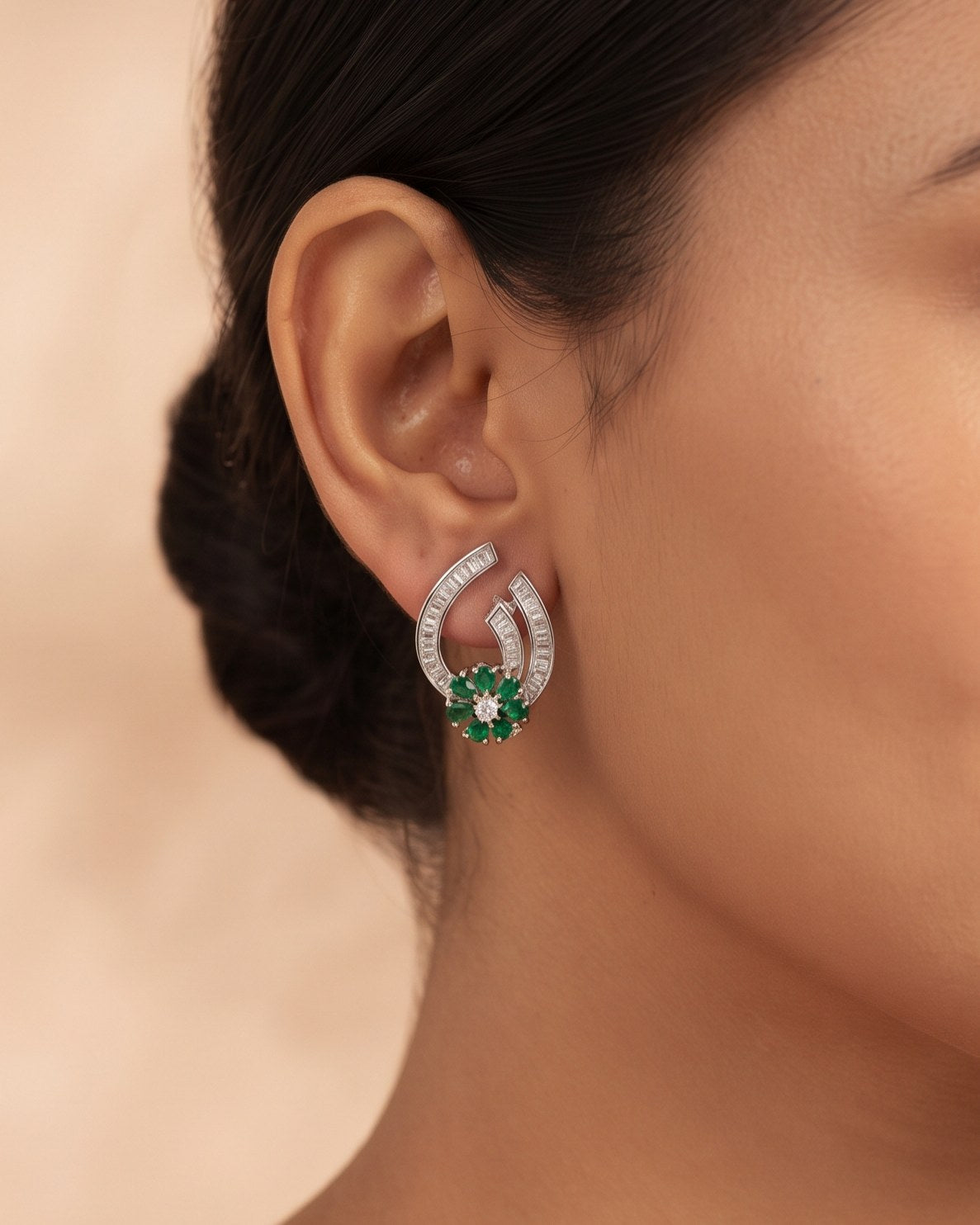 Bloom Emerald Silver - American diamond earrings