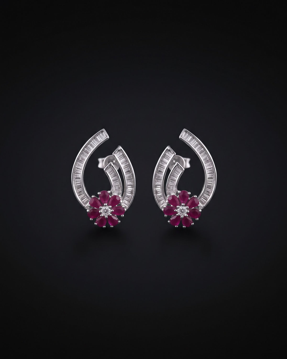 Bloom Ruby Silver - American diamond earrings