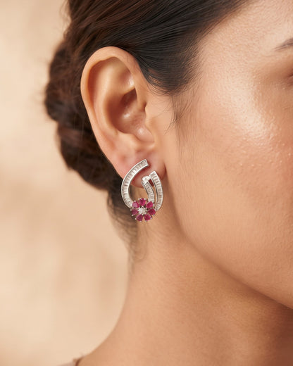 Bloom Ruby Silver - American diamond earrings