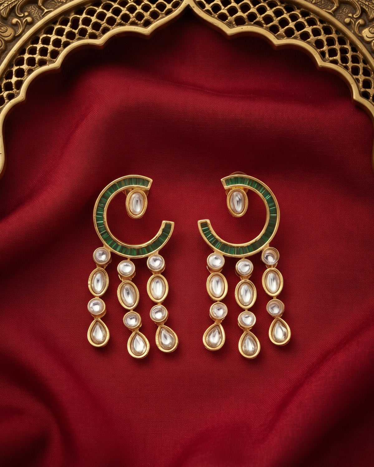 Crescent Cascade Emerald Gold - American diamond earrings