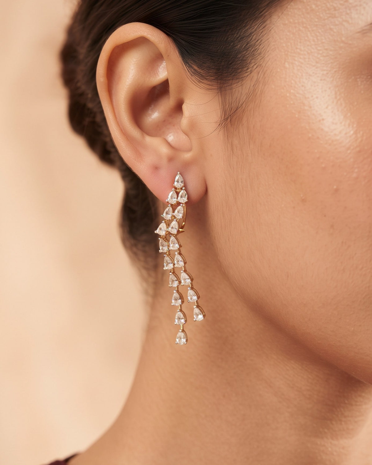 Falling Dewdrops Gold - American diamond earrings