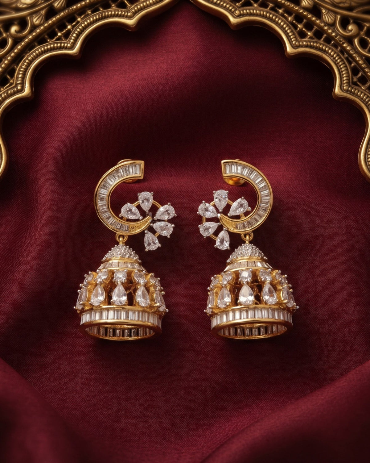 Luna Bloom Jhumki Gold - American diamond earrings