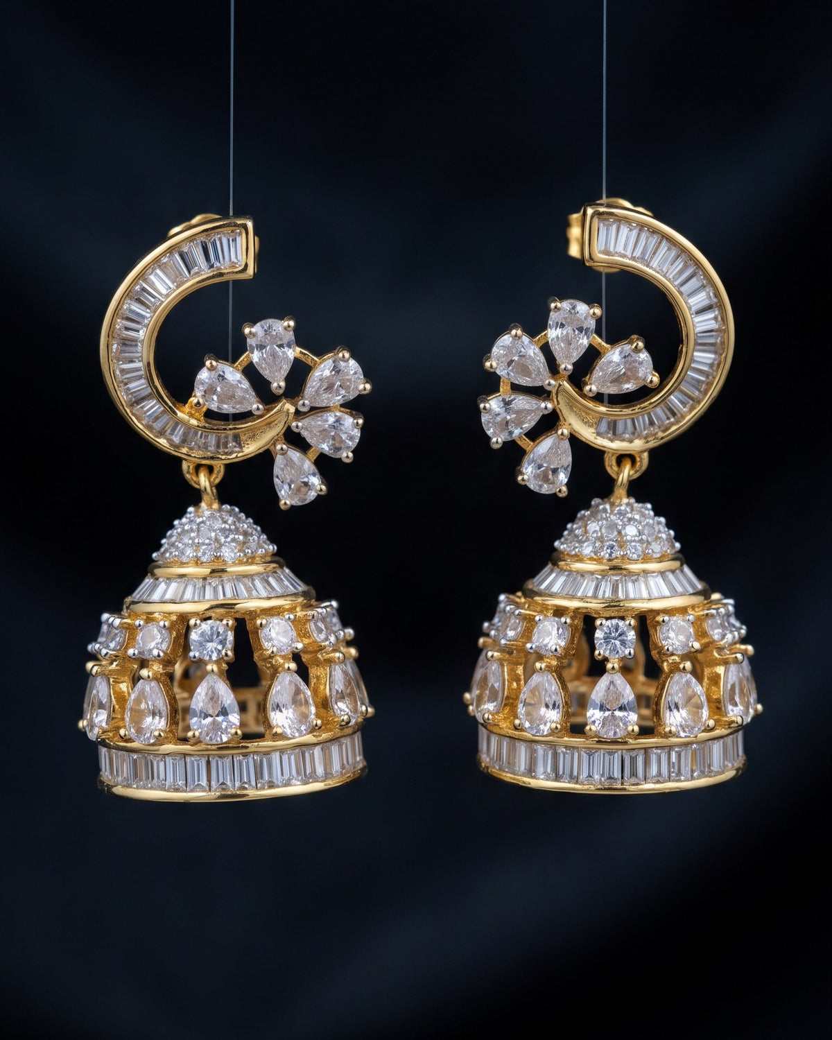Luna Bloom Jhumki Gold - American diamond earrings