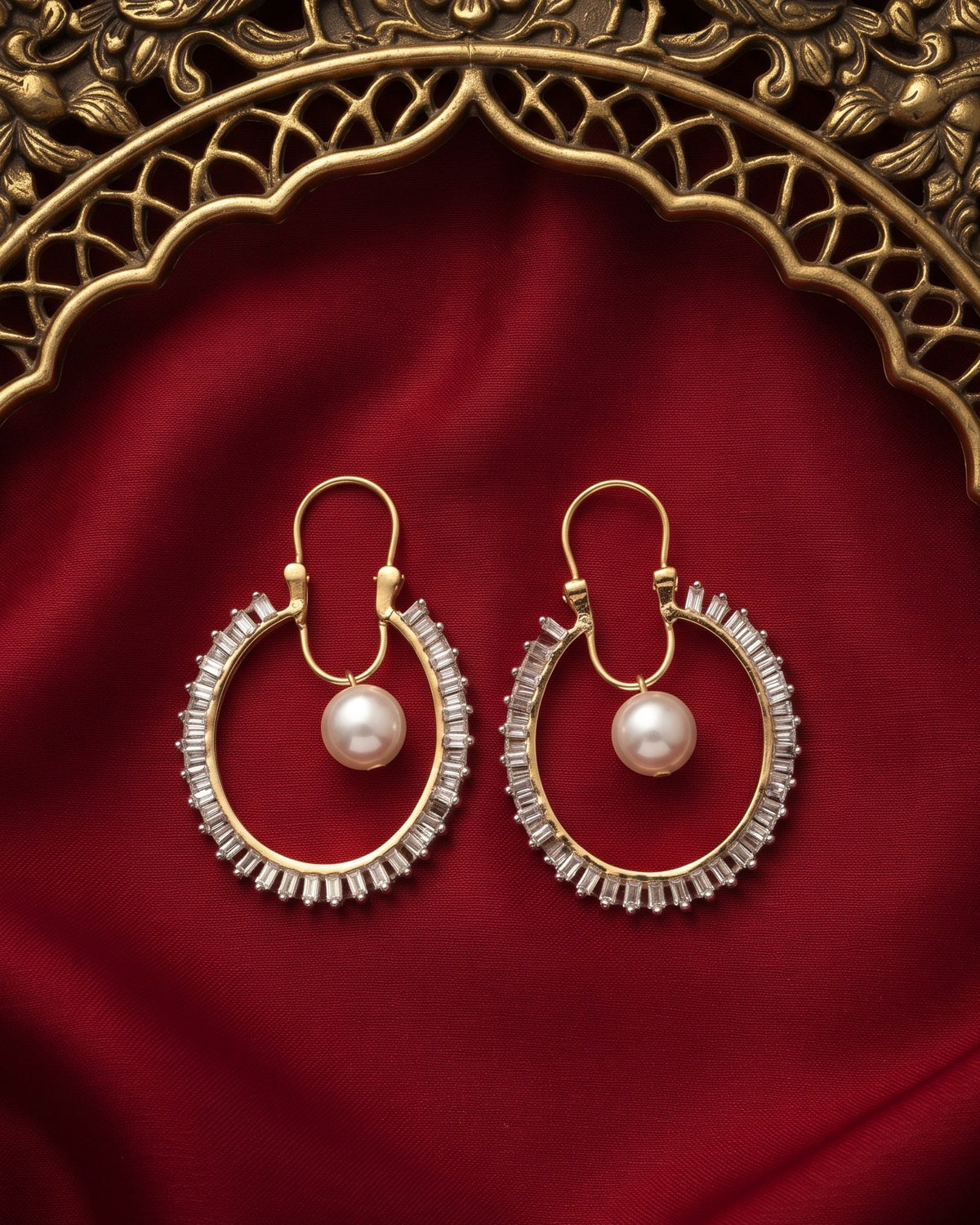 Pearl Orbit Hoops Gold - American diamond earrings