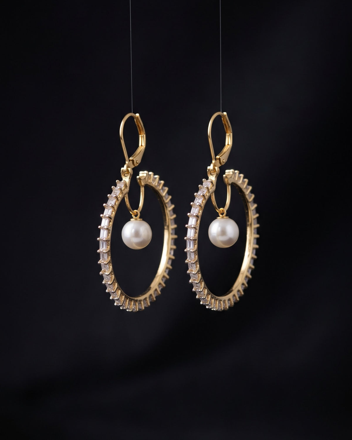 Pearl Orbit Hoops Gold - American diamond earrings