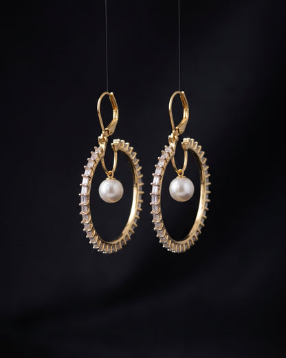Pearl Orbit Hoops Gold - American diamond earrings