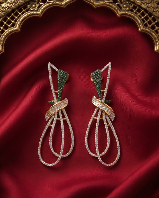 Ribbon Loop Emerald Gold - American diamond earrings