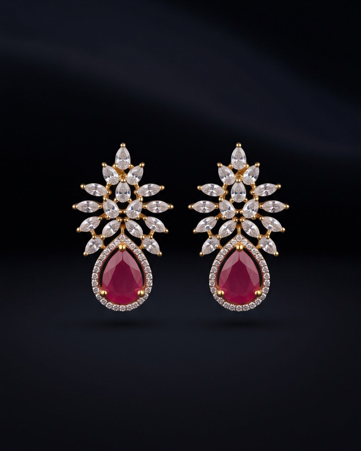 Ruby Starburst Drops Gold - American diamond earrings