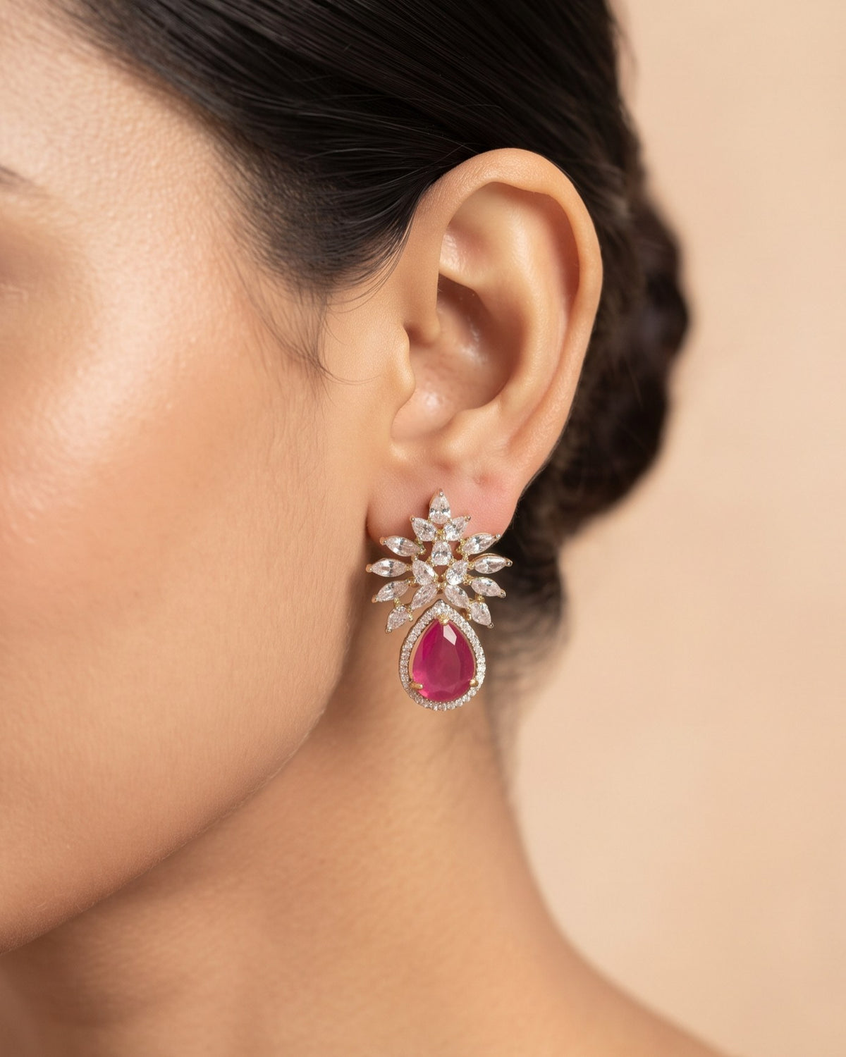 Ruby Starburst Drops Gold - American diamond earrings