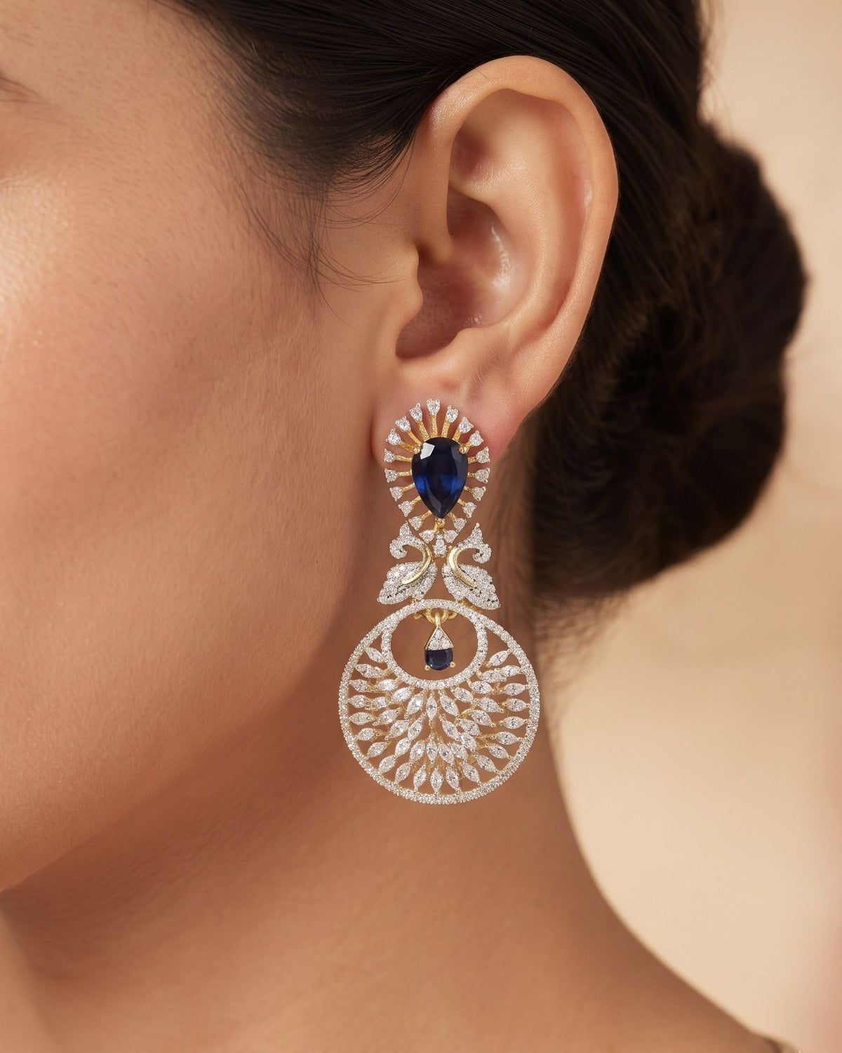 Sapphire Peacock Gold - American diamond earrings